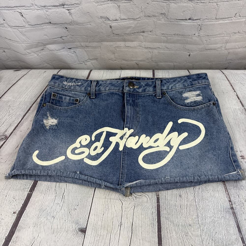 Ed Hardy Dragon Light Blue Cutoff Denim Mini Skirt